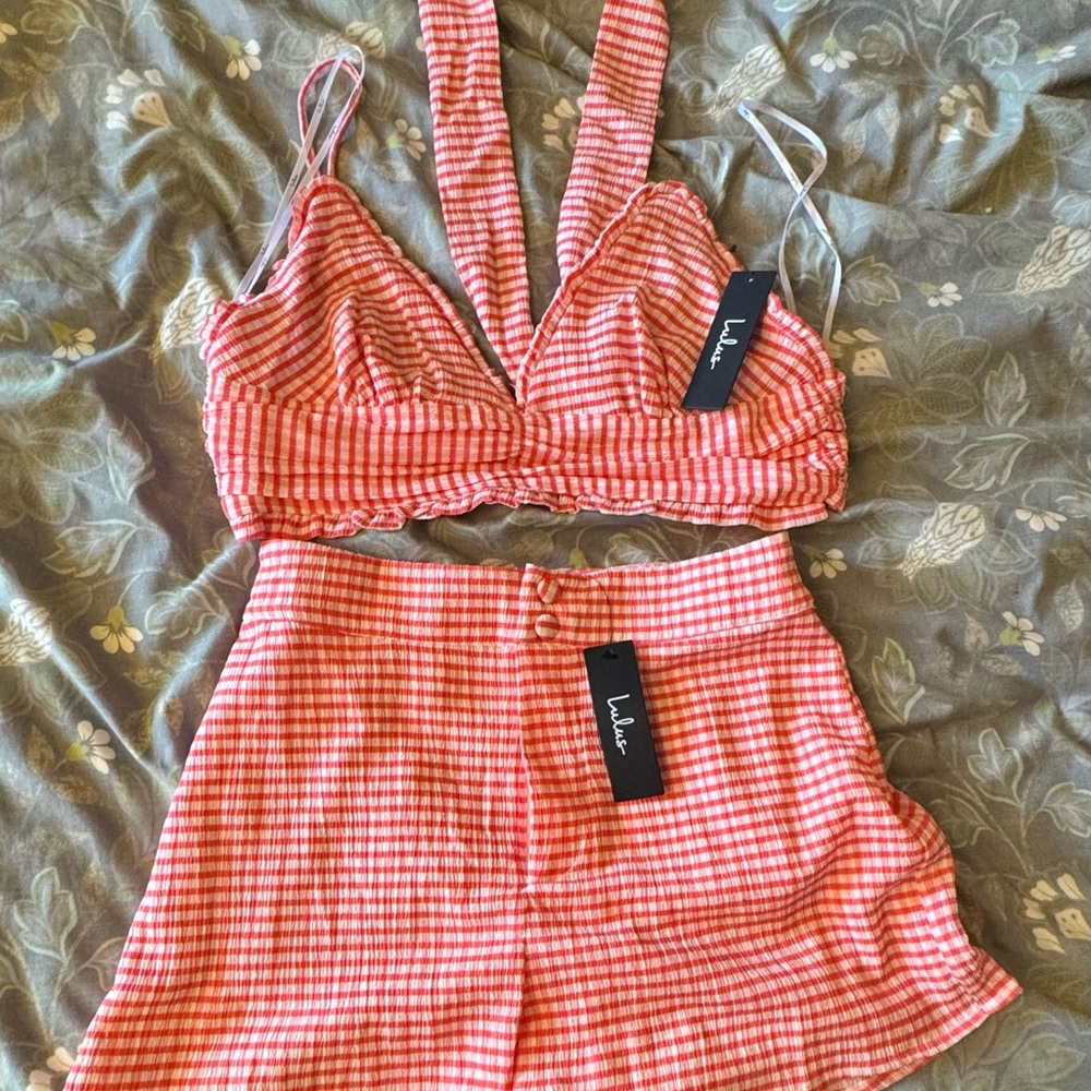 Lulus Red Gingham Crop Top and Shorts Set